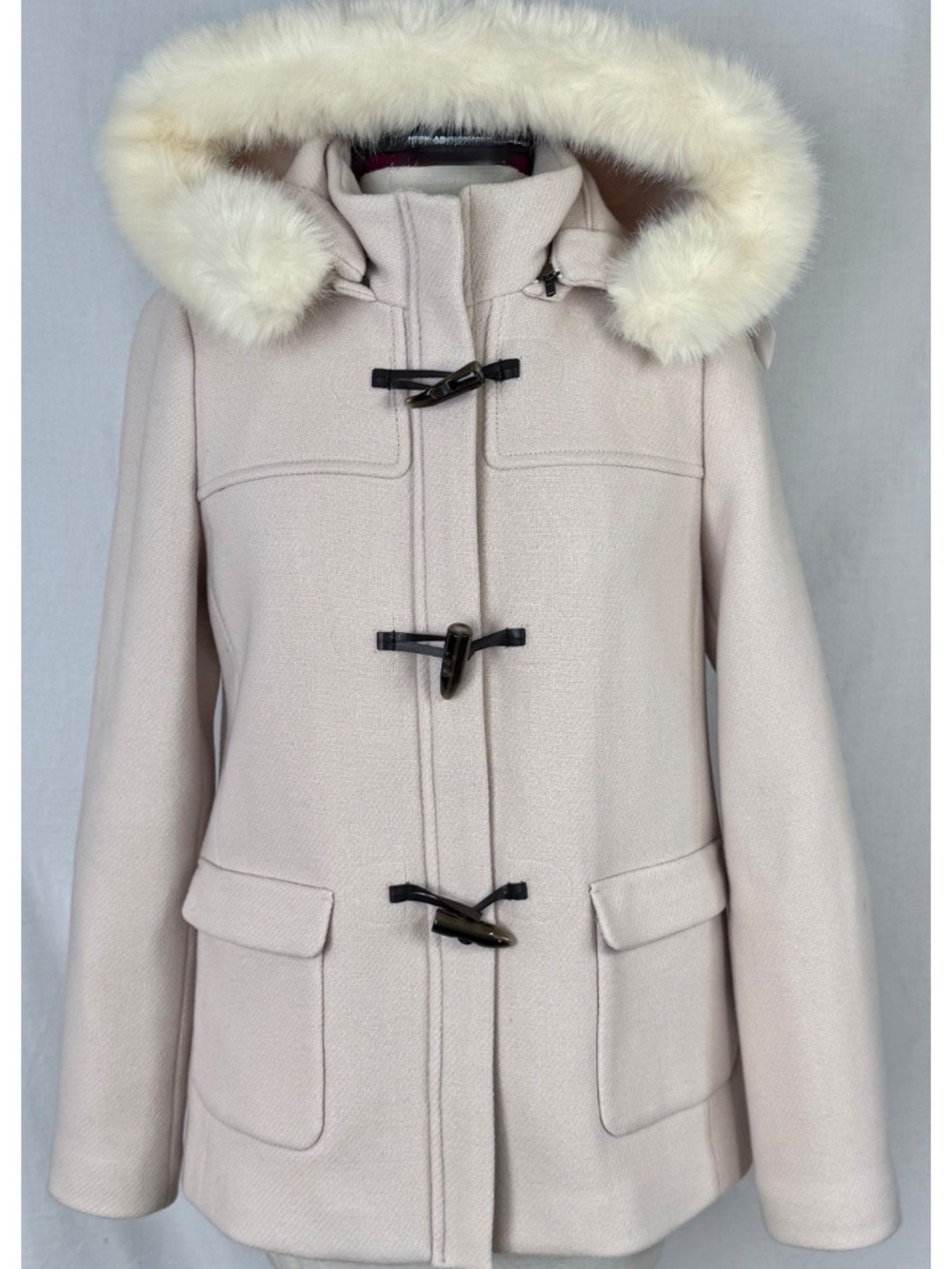 TALBOTS Size 4 Ivory Wool Blend Faux Fur Trim Detachable Hood Toggle Coat Jacket - Picture 2 of 10